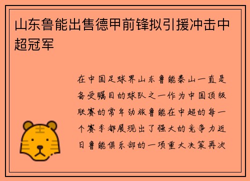 山东鲁能出售德甲前锋拟引援冲击中超冠军