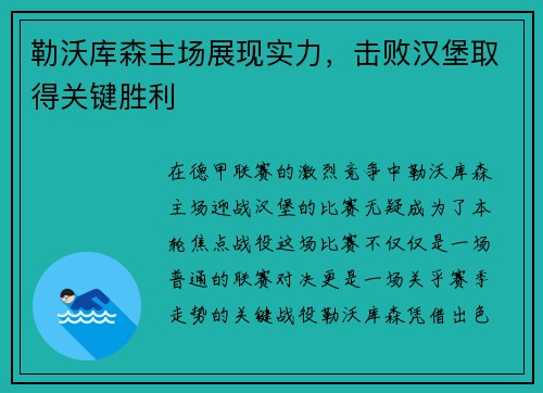 勒沃库森主场展现实力，击败汉堡取得关键胜利